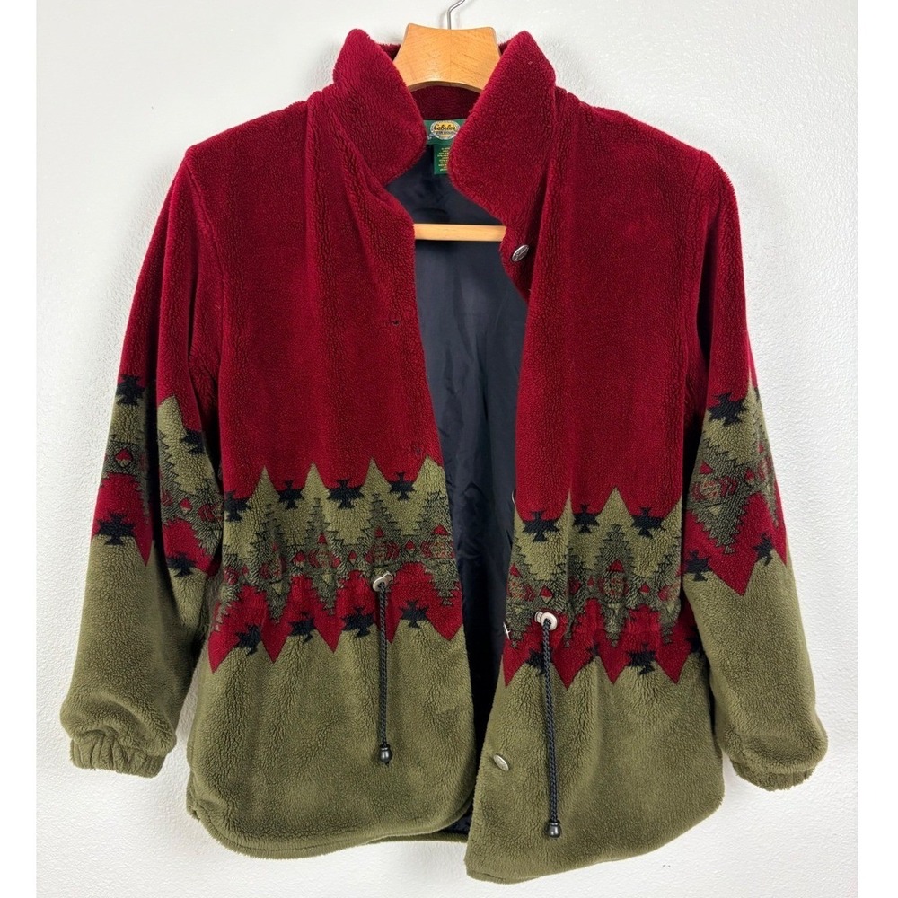 Cabela's Women Fleece Jacket Red Green Pine Tree Southwestern Cabin Outdoor L - Picture 2 of 9